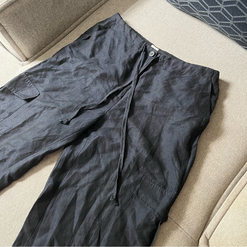 Anne Klein Linen/ Rayon Black or very dark Navy Pocket Tie Waist Pants
